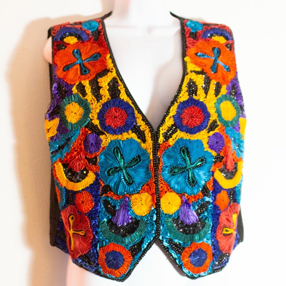 Vintage Vest Cache Silk Wearable Art ribbon Large 80s blue red yellow - Picture 10 of 12